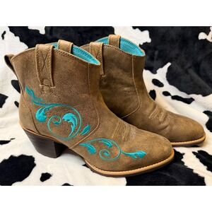 Twisted X Womens Brown Leather Turquoise Embroidered Western Ankle Boots Size 10